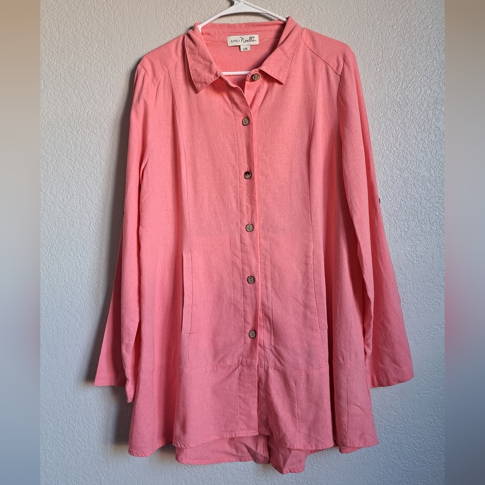 Simply Noelle Coral Pink Linen Longsleeve Button Down Tunic Top Size L-XL
